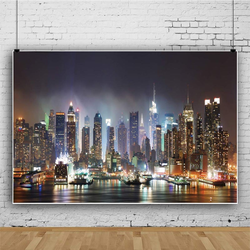 Haoyiyi 7x5ft Aerial View City Landscape New York Night Backdrop American Shining Lights Famous Landmark Skyscrapers Modern City Photography Background Family New Year Eve Photo Booth Studio Props - Image 3